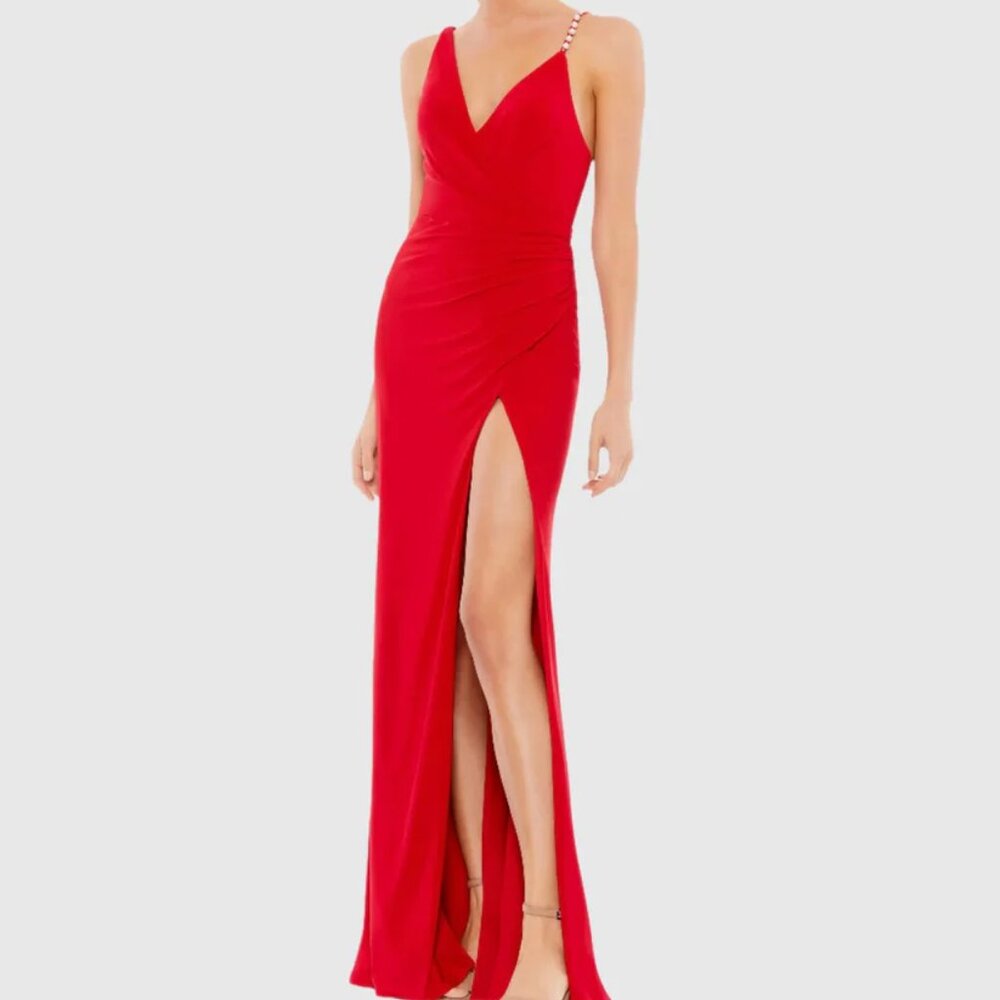 Mac Duggal 65321 Red Faux Wrap Pearl Strap Gown Size 10
